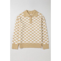 Apricot Checkered Buttons Collar V Neck Drop Shoulder Sweater - L thumbnail