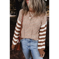 Brown Stripe Geometric Textured Drop Shoulder Sweater - 2XL thumbnail