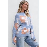 Beau Blue Floral O Neck Drop Shoulder Knitted Sweater - XL thumbnail