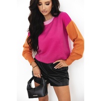 Bonbon Three Tone Contrast Round Neck Loose Sweater - L thumbnail
