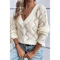 Beige Hollow Out Knit V Neck Drop Shoulder Sweater - L thumbnail