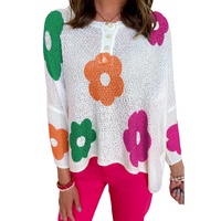 White Floral Print Buttoned Loose Lightweight Sweater - S thumbnail