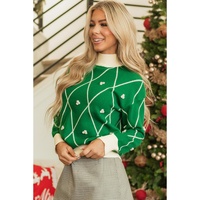 Dark Green Diamond Pattern Pom Accents Contrast Trim High Neck Sweater - L thumbnail
