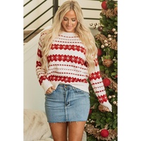 White Western Geometric Patterned Crew Neck Loose Sweater - L thumbnail