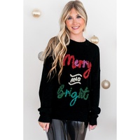 Black Tinsel Merry and Bright Graphic Christmas Sweater - L thumbnail