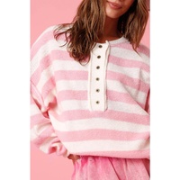 Pink Stripe Half Buttons Drop Shoulder Sweater - L thumbnail