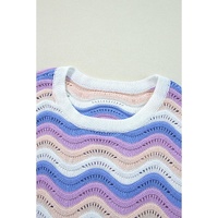 Purple Stripe Wavy Pointelle Knit Drop Shoulder Sweater - S thumbnail