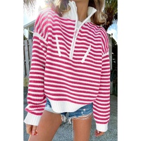 Pink Stripe Zip up Collar Drop Shoulder Sweater - L thumbnail