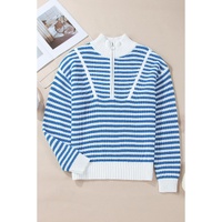 Sky Blue Stripe Zip up Collar Drop Shoulder Sweater - L thumbnail