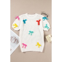 White Colorful Bow Knit Mock Neck Short Sleeve Sweater - M thumbnail