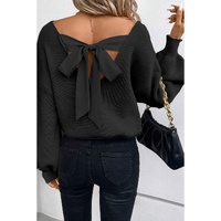 Black Lantern Sleeve V Neck Knot Back Sweater - L thumbnail
