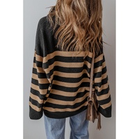 Black Stripe Collared Quarter Zipper Oversized Sweater - L thumbnail