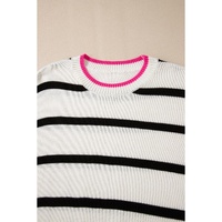 White Stripe Color Contrast Drop Shoulder Crew Neck Sweater - S thumbnail