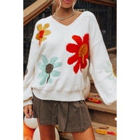 White Big Flower Pattern V Neck Drop Shoulder Sweater - S thumbnail