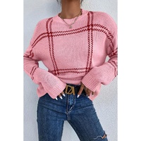 Pink Plaid Pattern Knitted Drop Shoulder Sweater - XL thumbnail