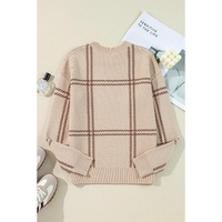 Khaki Plaid Pattern Knitted Drop Shoulder Sweater - L thumbnail