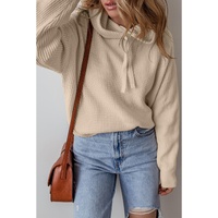 Beige Solid Color Drawstring Hooded Drop Shoulder Pullover Sweater - S thumbnail