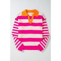 Rose Stripe Color Block Collared V Neck Drop Shoulder Sweater - S thumbnail