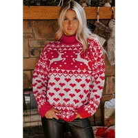 Fiery Red Merry Christmas Reindeer Heart Pattern High Neck Sweater - S thumbnail