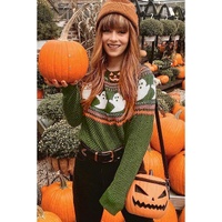 Jungle Green Halloween Ghost Pattern Drop Shoulder Sweater - S thumbnail