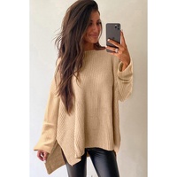 Apricot Cable Knit Drop Shoulder Side Slits Loose Sweater - L thumbnail