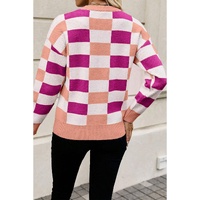 Pink Checkered Ribbed Edge O Neck Drop Shoulder Sweater - XL thumbnail