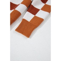 Orange Checkered Ribbed Edge O Neck Drop Shoulder Sweater - L thumbnail