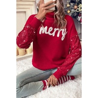 Racing Red Merry Graphic Sequin Sleeve Turtleneck Sweater - M thumbnail