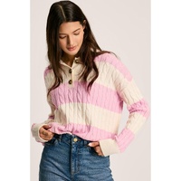 Pink Stripe Cable Knit Collared Henley Sweater - L thumbnail