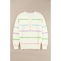 White Rainbow Stripes Drop Shoulder Baggy Henley Sweater - S thumbnail