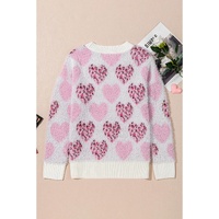 Pink Heart Leopard Print Pearled Ribbed Trim Fuzzy Sweater - L thumbnail