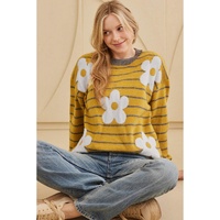 Yellow Stripe Daisy Floral Knitted Round Neck Sweater - M thumbnail