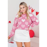 Pink Pearled Heart Print Valentines Crew Neck Sweater - S thumbnail