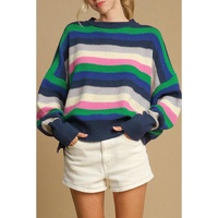 Bright Green Rainbow Striped Crew Neck Drop Shoulder Sweater - S thumbnail