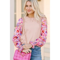 Oatmeal Floral Printed Patchwork Smocked Lantern Sleeve Knit Top - L thumbnail