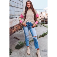 Simply Taupe Colorblock Exposed Seam Round Neck Sweater - L thumbnail