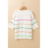 White Colorblock Striped Half Sleeve Drop Shoulder Sweater - S thumbnail