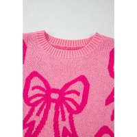 Pink Bow Pattern Drop Shoulder Loose Sweater - L thumbnail