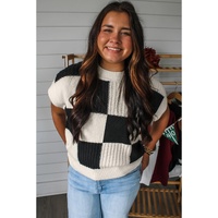 Black Checkered Color Block Crew Neck Short Sleeve Sweater - L thumbnail