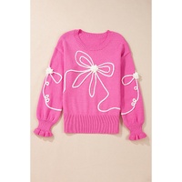 Bright Pink Corded Flower Bow Ribbed Trim Casual Sweater - M thumbnail
