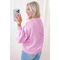 Pink Raw Edge Ribbed Detail Drop Shoulder Sweater - L thumbnail