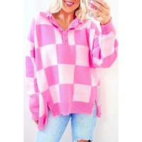 Pink Checkerboard Half Button Collared Drop Shoulder Sweater - M thumbnail