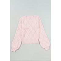Gossamer Pink Openwork Plaid Puff Sleeve Cropped Sweater - L thumbnail