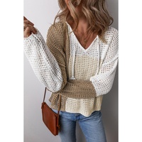 Brown Colorblock Hollow-out Front Tie V Neck Lightweight Sweater - L thumbnail