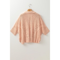 Apricot Pink Hollowed Knit 3/4 Dolman Sleeve Buttoned Collared Sweater - L thumbnail