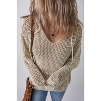 Jet Stream Hollow-out Kangaroo Pocket V Neck Hooded Sweater - L thumbnail