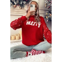 Racing Red Merry Graphic Sequin Sleeves Christmas Turtleneck Sweater - L thumbnail