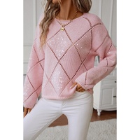 Light Pink Hollowed Rhombus Pattern Sequin Detail Round Neck Sweater - L thumbnail