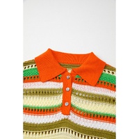 Yellow Stripe Eyelet Sleeveless Buttoned Split Neck Sweater Dress - L thumbnail