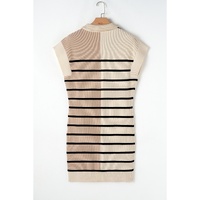 Khaki Stripe Color Block Quarter Zip Collar Short Sleeve Sweater Dress - S thumbnail